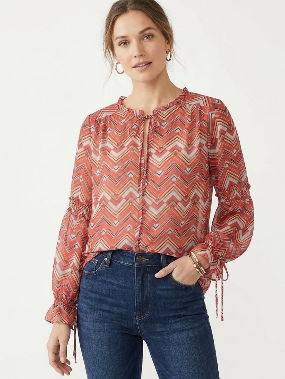 Women's Simply Styled Zig Zag Print Sheer Tie Front Poet Sleeve Blouse XL PTP23"